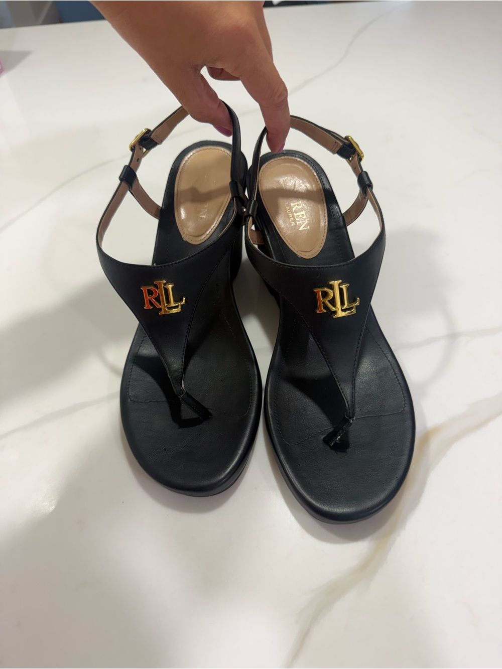 Ralph Lauren Black Leather Thong Sandals with Gold RLL Emblem